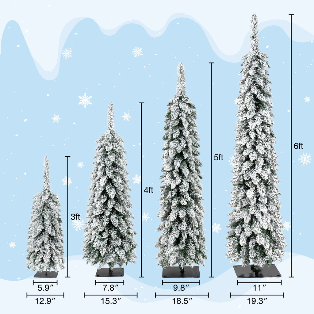 Pre-Flocked Pencil Christmas Trees 4 Pack with Easy Setup - White Flocked