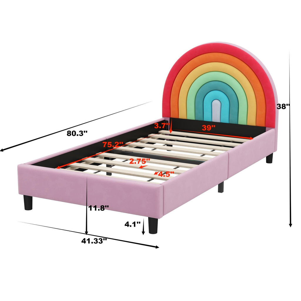 Rainbow Design Twin Upholstered Bed with Sturdy Wood Slats - Pink