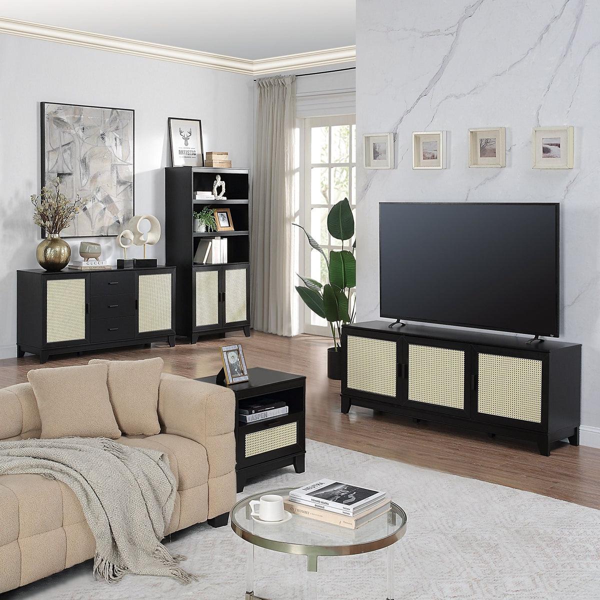 Modern Cane Accent Nightstand with 1 Drawer - Black or Light Brown