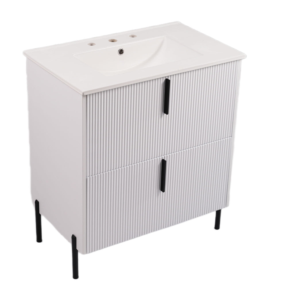 Bathroom Vanity With Ceramic Sink and Fluted Design - Dark Green, White, Light Brown