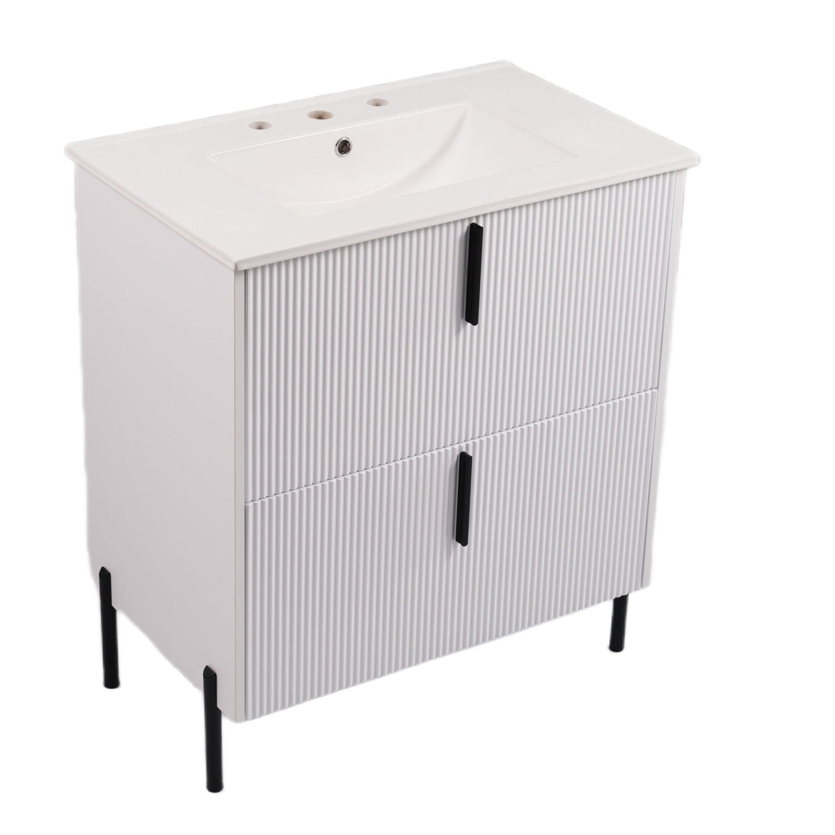 Bathroom Vanity With Ceramic Sink and Fluted Design - Dark Green, White, Light Brown