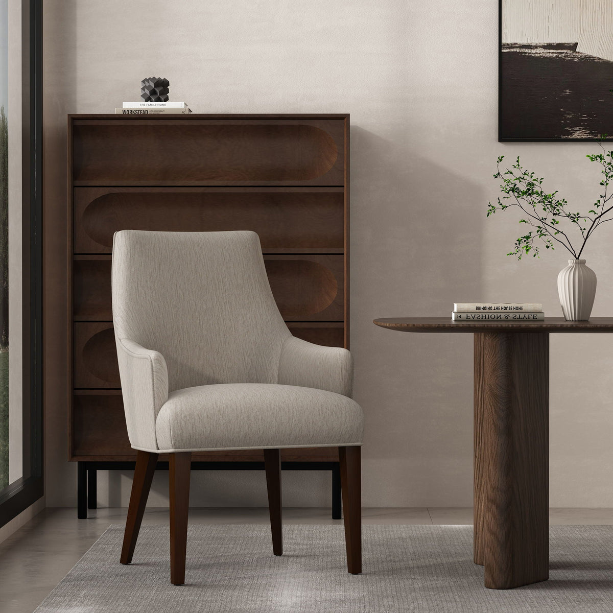 Upholstered Armchair with Ergonomic Backrest - Beige or Dark Gray