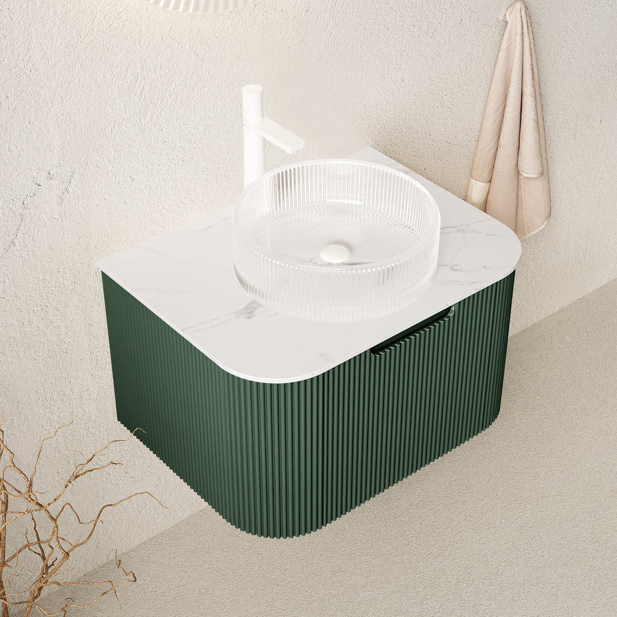 24-Inch Floating Bathroom Vanity with Crystal Glass Basin - Dark Green