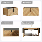 36 Inch Wall-Mounted Bathroom Vanity with 3D Fluted Panel & Ceramic Sink - Golden Oak