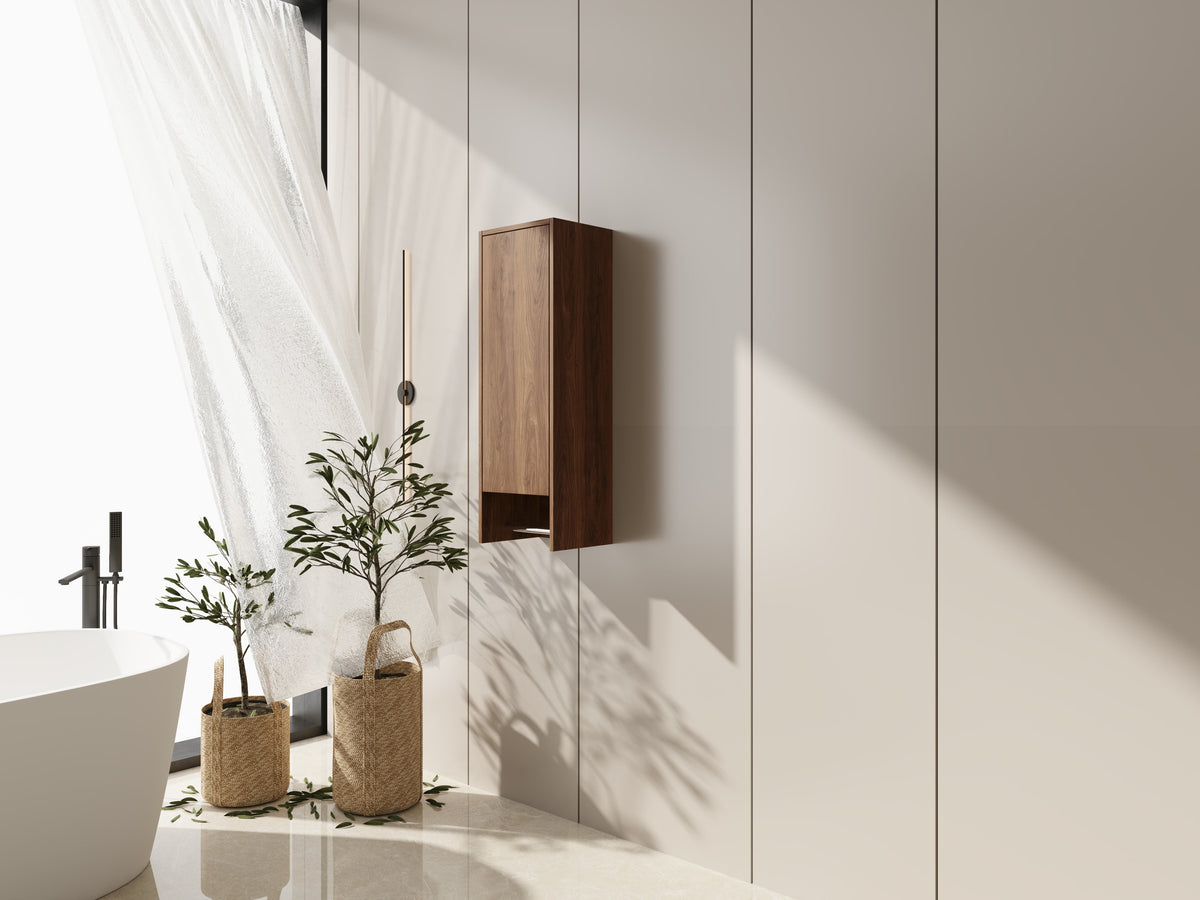 12 Inch Wall Mounted Side Cabinet with Soft Closing Door - Brown Ebony