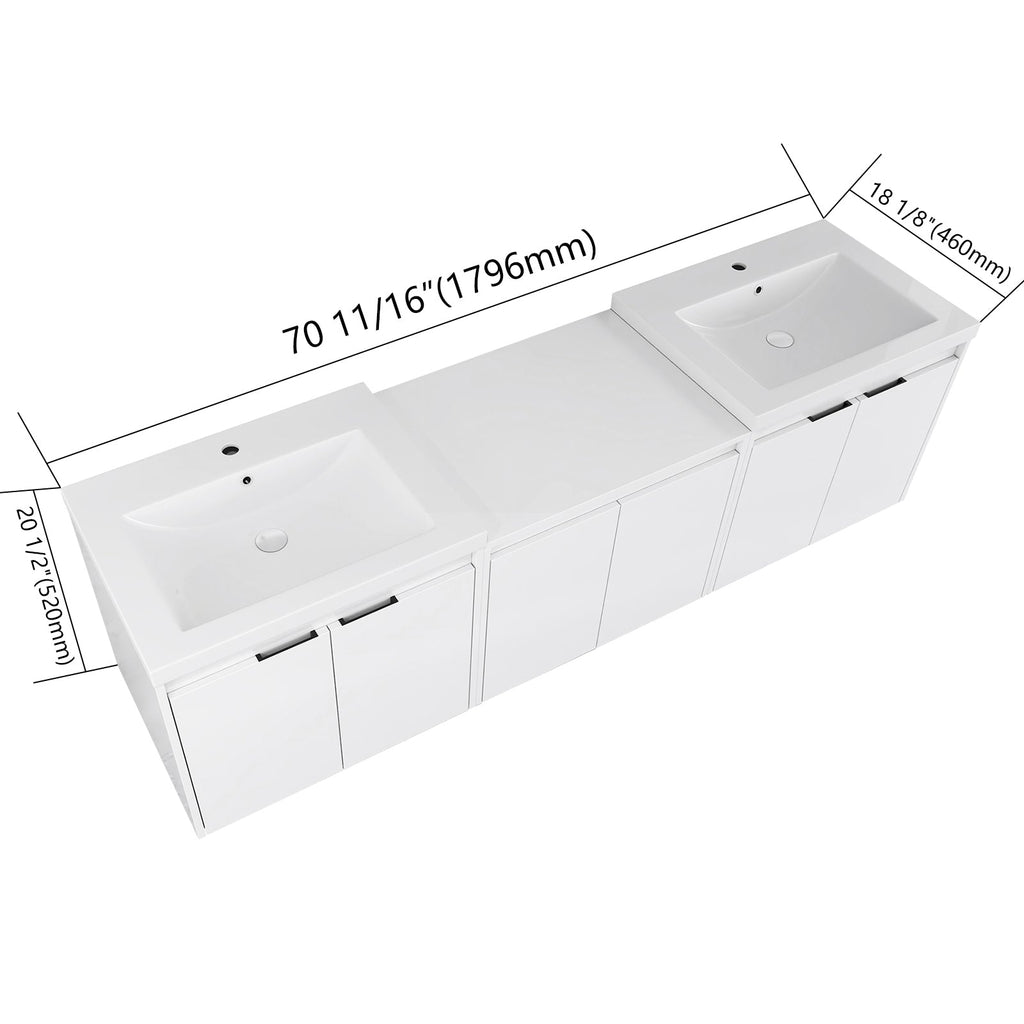 72-Inch Bathroom Vanity with Resin Sink and Soft Close Doors - Glossy White