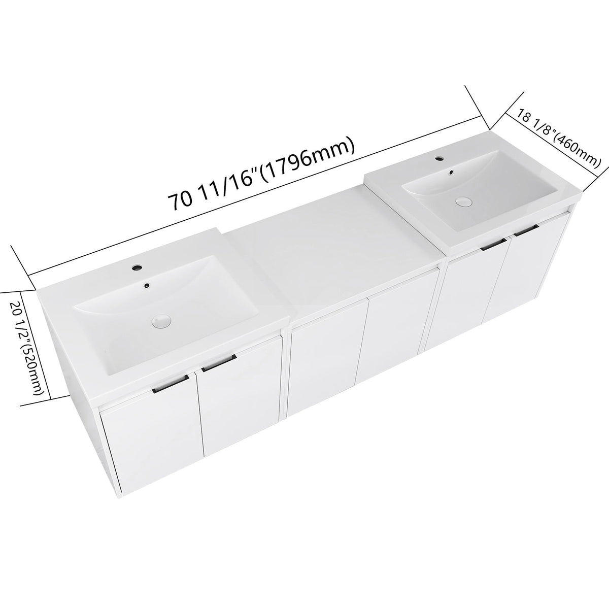 72-Inch Bathroom Vanity with Resin Sink and Soft Close Doors - Glossy White