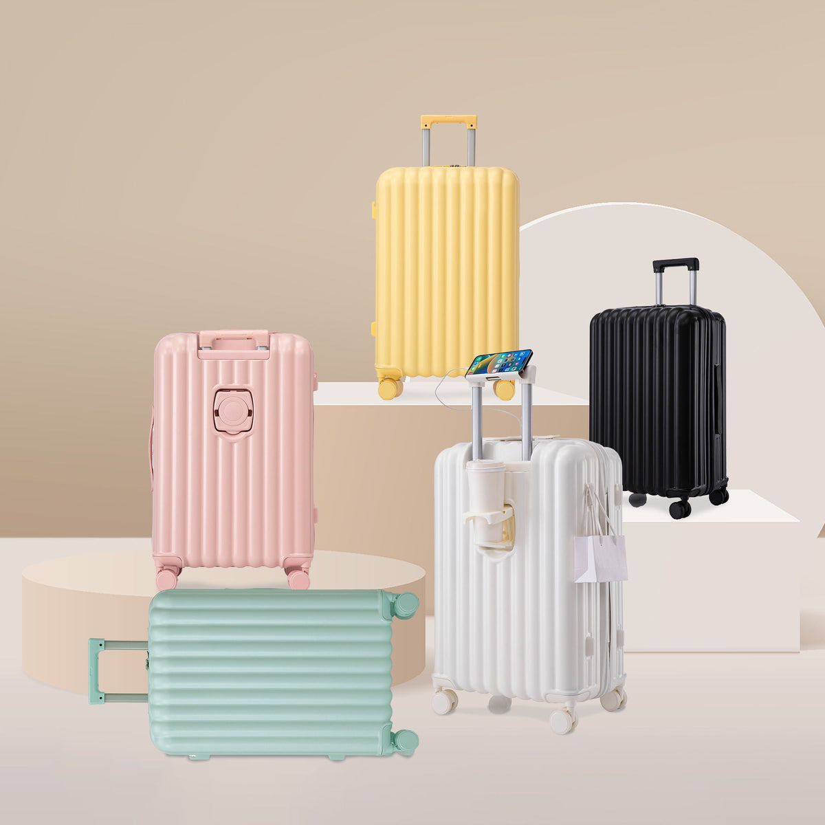 Spinner Wheel Luggage Set with USB Port and Holders - Pink, Black, Green