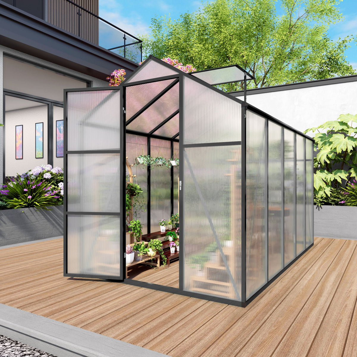 Windproof Greenhouse with Raised Base - Polycarbonate Panels - Black