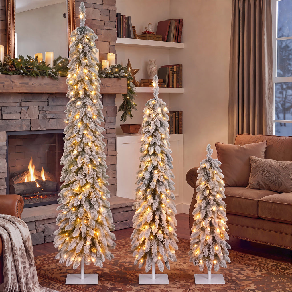 Snow Flocked Pre-Lit Pencil Christmas Tree with Warm LED Lights - White