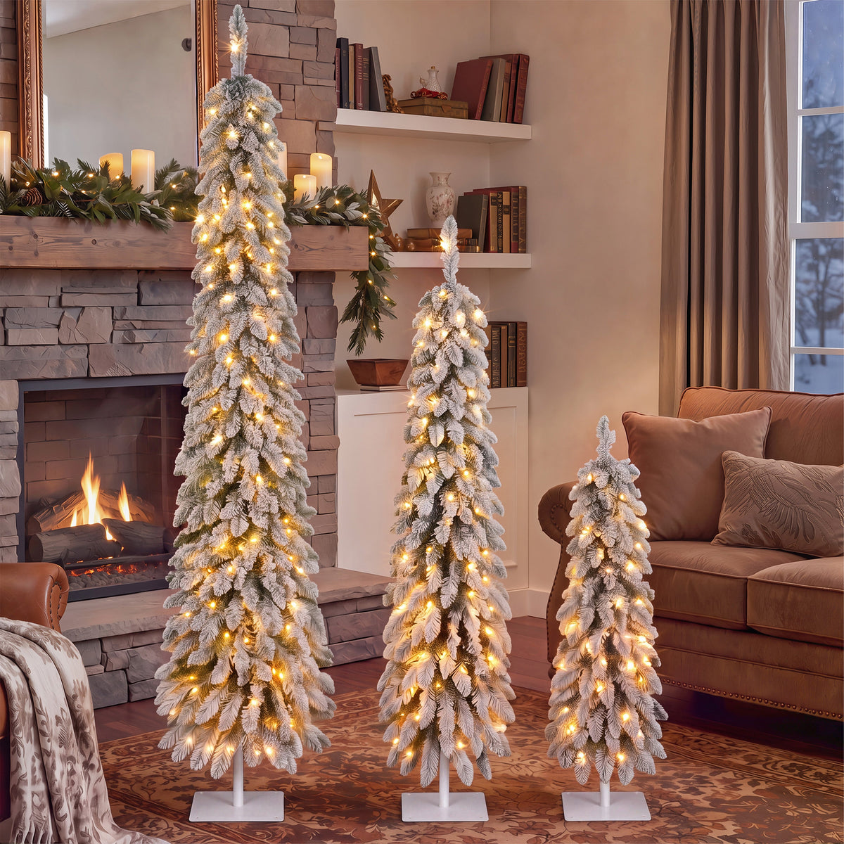 Snow Flocked Pre-Lit Pencil Christmas Tree with Warm LED Lights - White