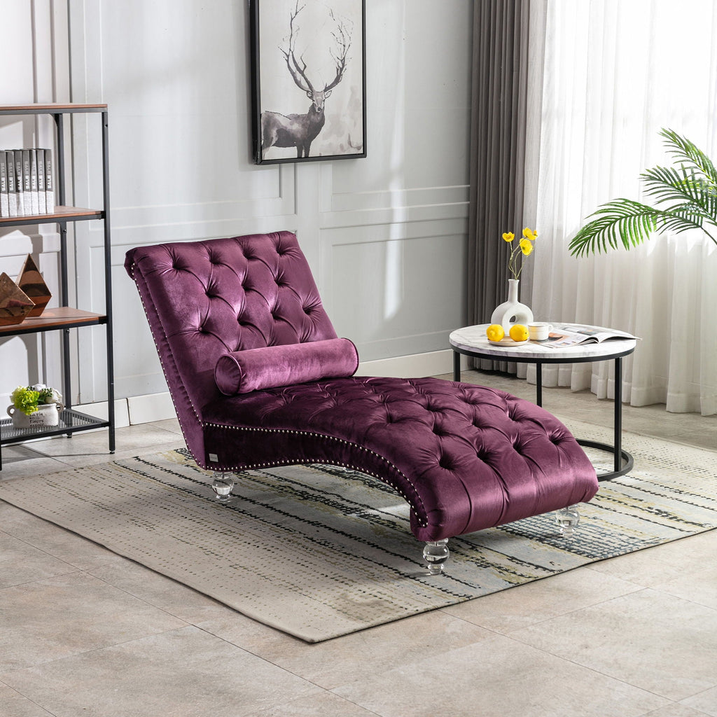 Velvet Button Tufted Chaise Lounge with Pillow - Multiple Colors