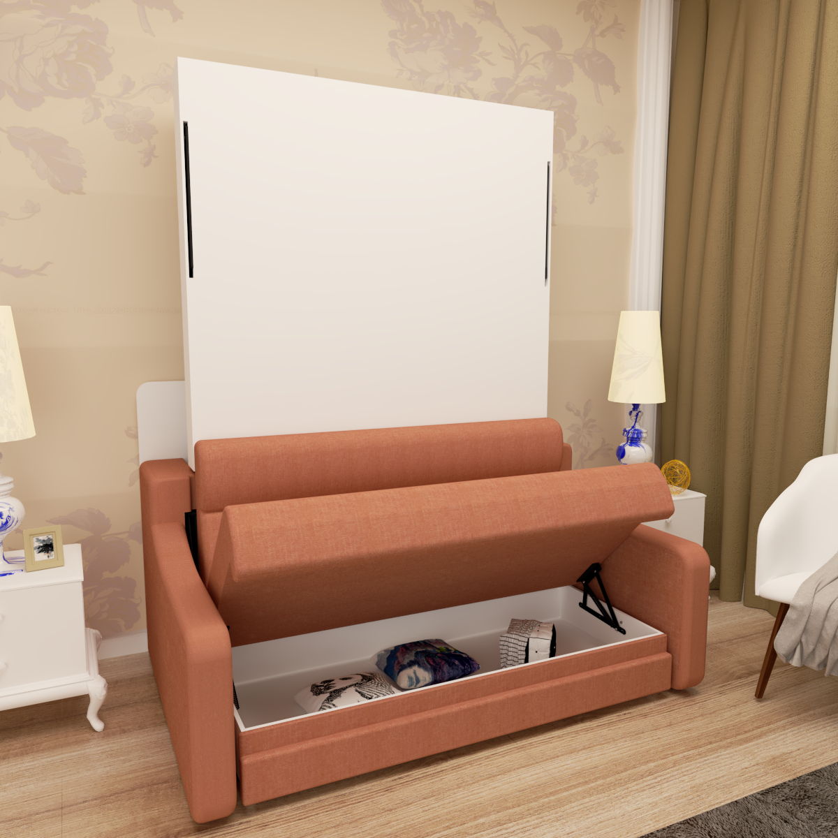 Vertical Murphy Bed with Sofa and Gas Struts - Orange