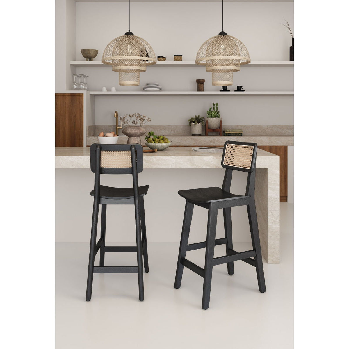 Versailles Counter Stool with Cane Backrest - Light Brown or Black