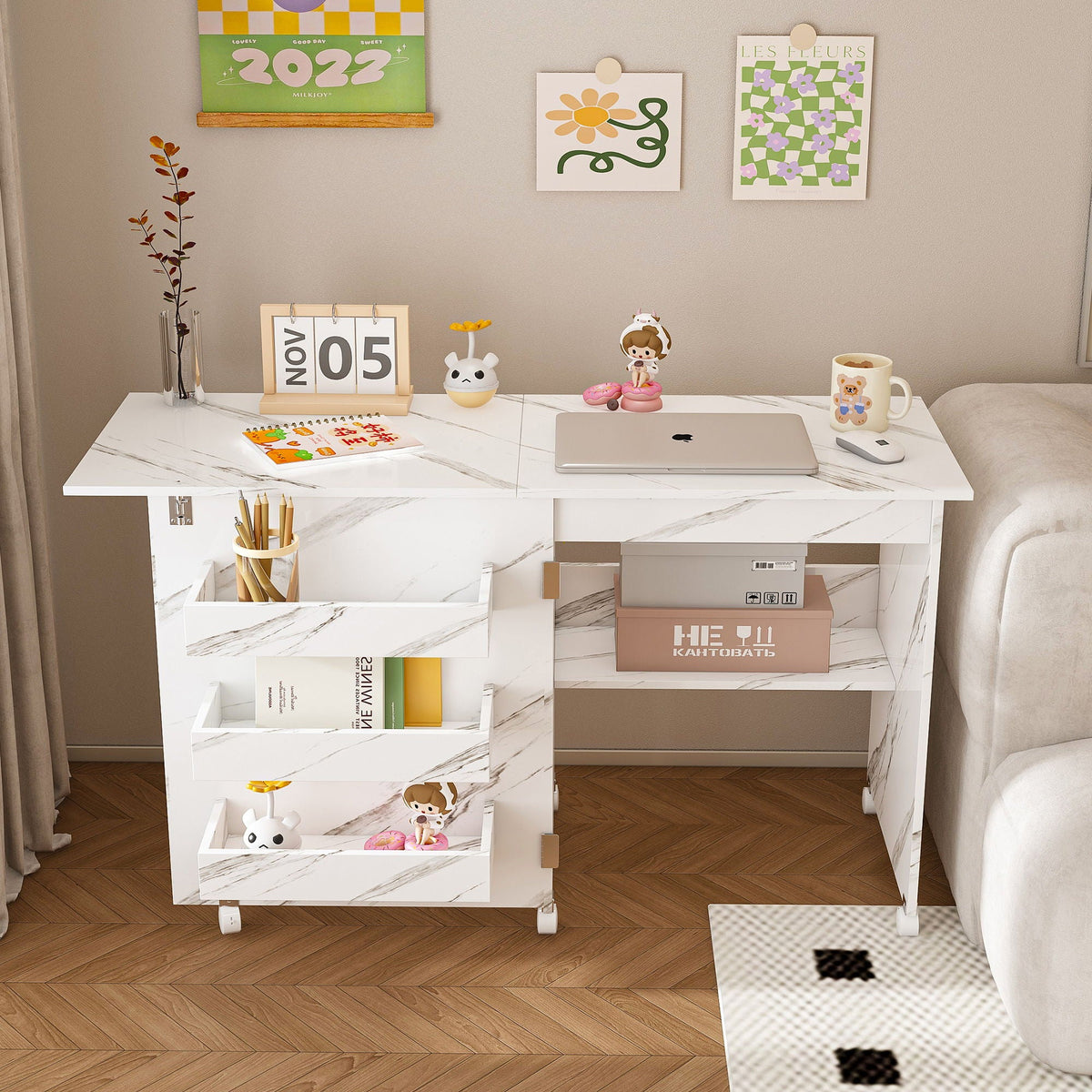 White Folding Sewing Table with Lockable Wheels - 4-in-1 Multi Functional Craft Station