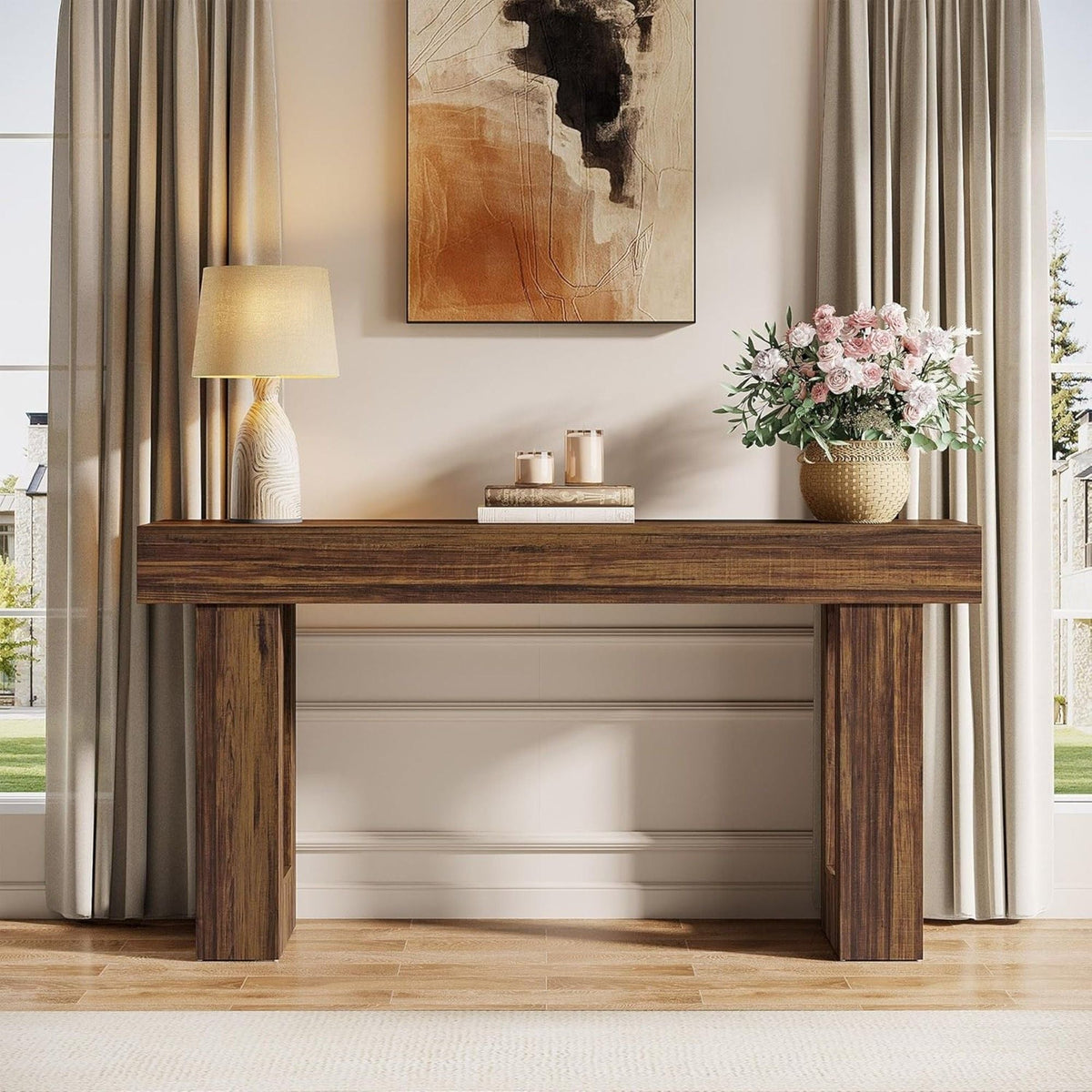 Extra Long Narrow Console Table with Open Storage Shelf - Dark Brown, Light Brown, or Dark Gray