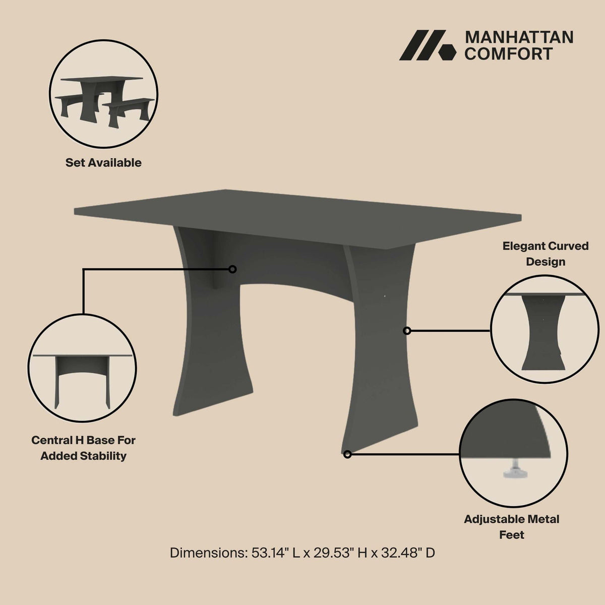 Modern Dining Table with Adjustable Metal Feet - Dark Gray or White
