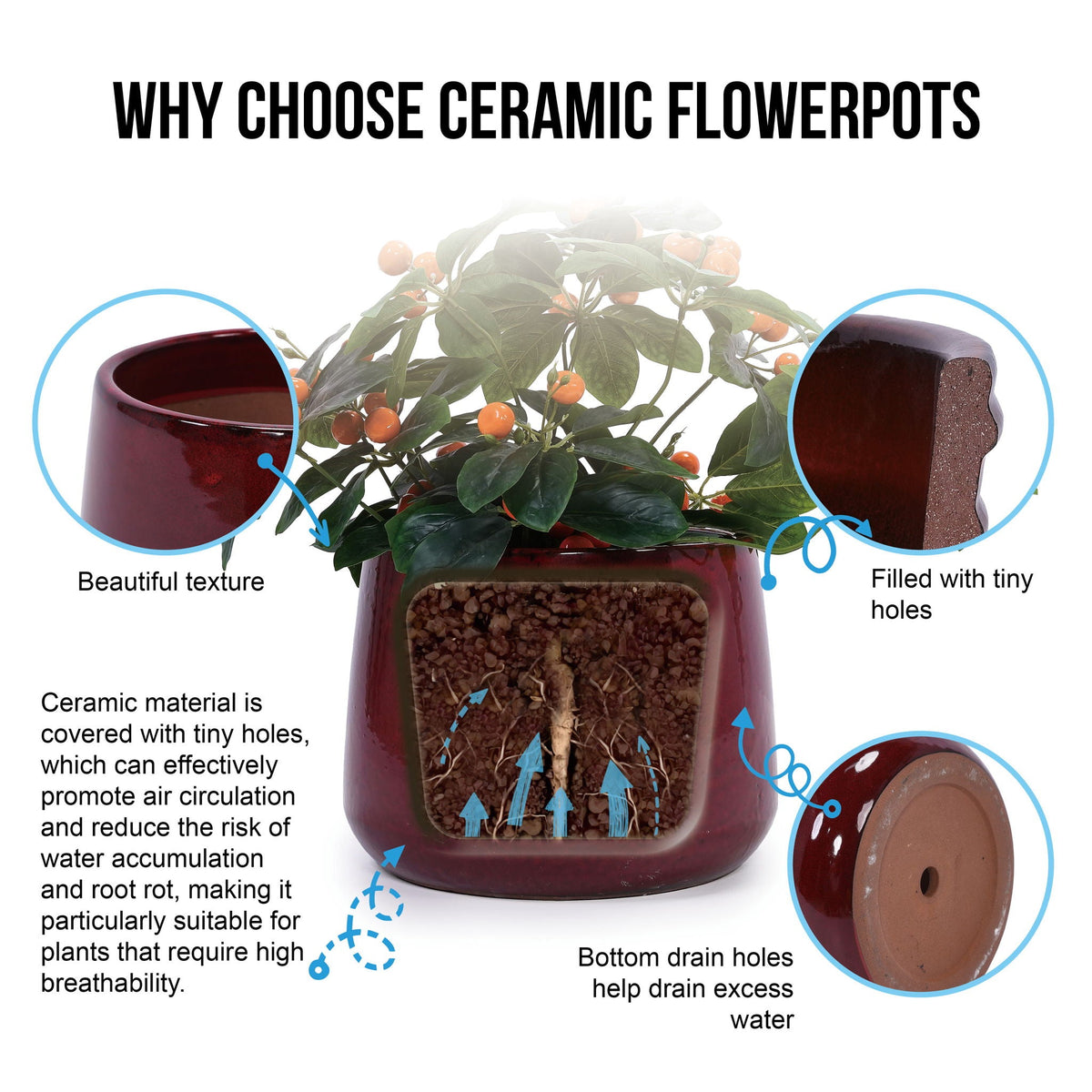 Bean Paste Red 4-Piece Ceramic Planter Pot Set with Drainage Hole - Indoor Outdoor
