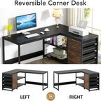 L-Shaped Computer Desk with Drawers and Shelves - Black or Dark Brown