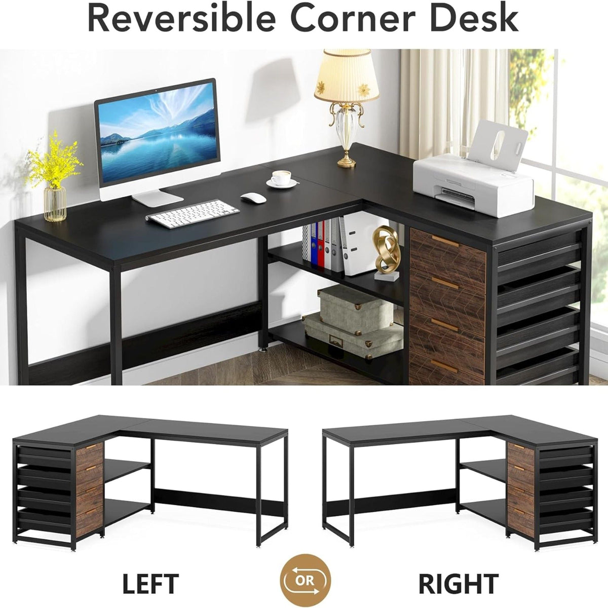 L-Shaped Computer Desk with Drawers and Shelves - Black or Dark Brown