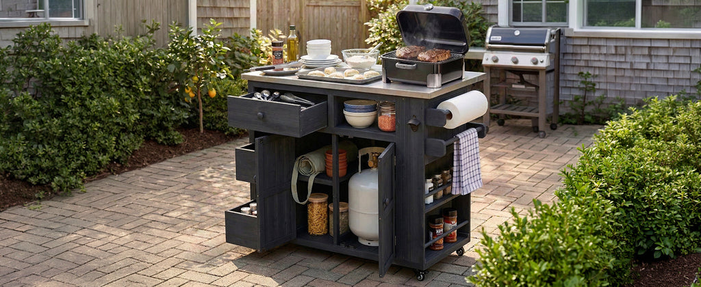 Outdoor Solid Wood Kitchen Island with Extendable Stainless Steel Top - Black, Brown, Gray
