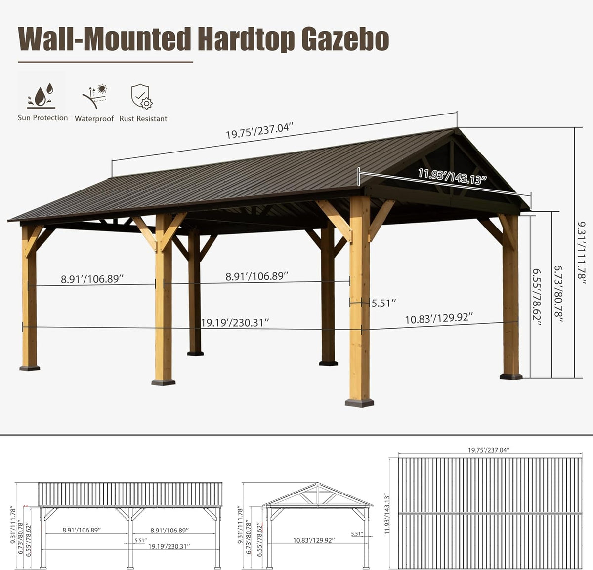 Cedar Wood Gazebo with Spacious Interior - Natural Cedar Finish
