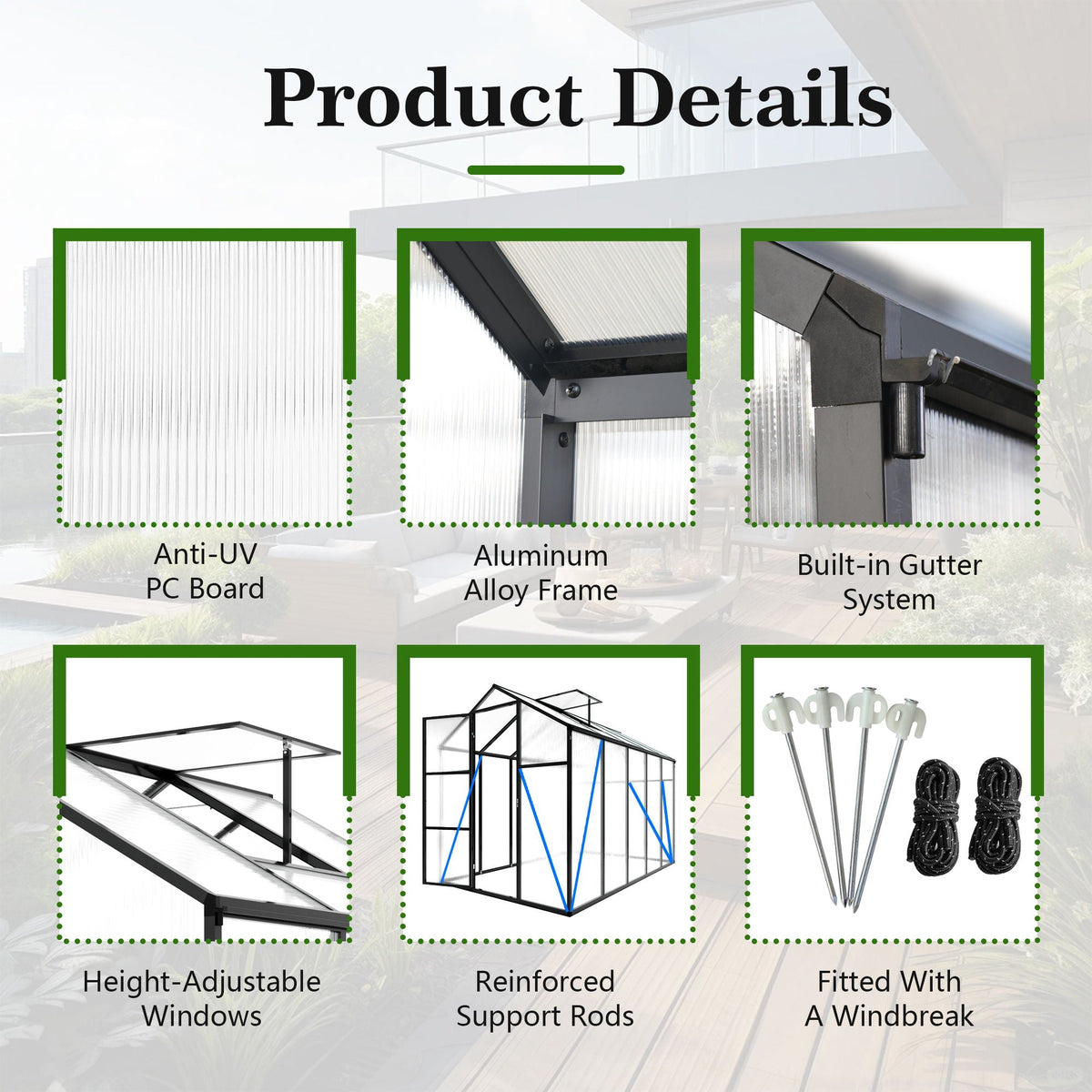 Windproof Greenhouse with Raised Base - Polycarbonate Panels - Black