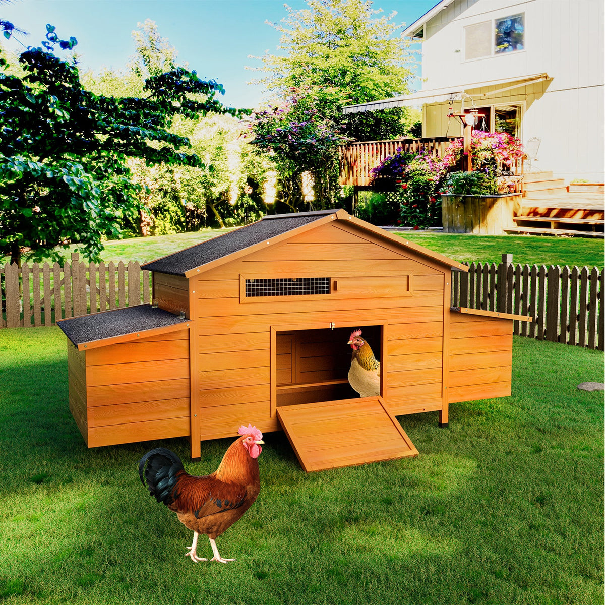 70" Large Wooden Chicken Coop with Nesting Boxes - Brick Red