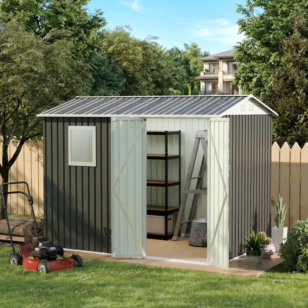 9x6 Ft Metal Garden Shed with Window and Hinged Doors - Grey