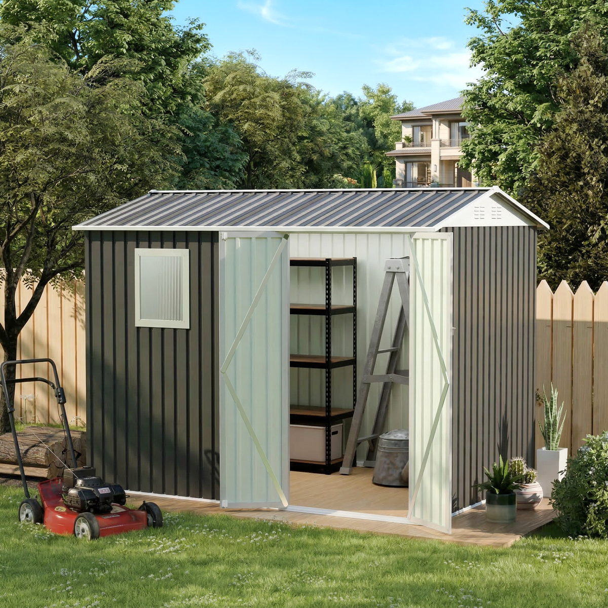 9x6 Ft Metal Garden Shed with Window and Hinged Doors - Grey
