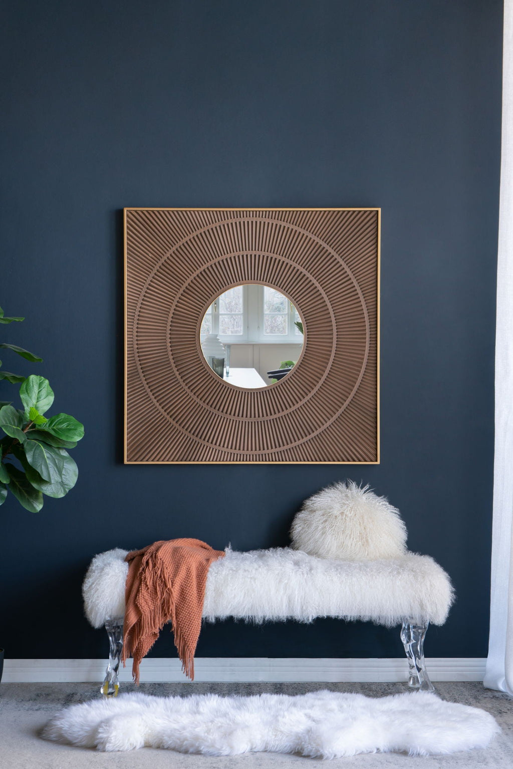 Square Carved Mirror with Pleated Design and Iron Frame - Black or Dark Brown