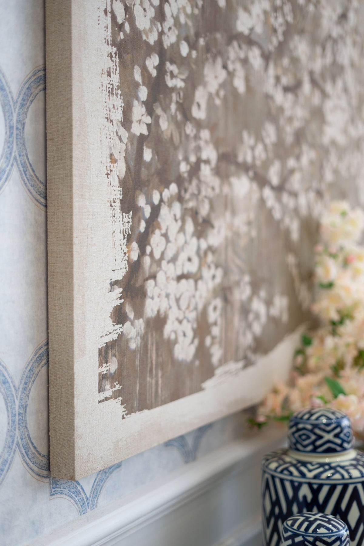 Large Cherry Blossom Canvas Art Print with Gray / White Matte Finish
