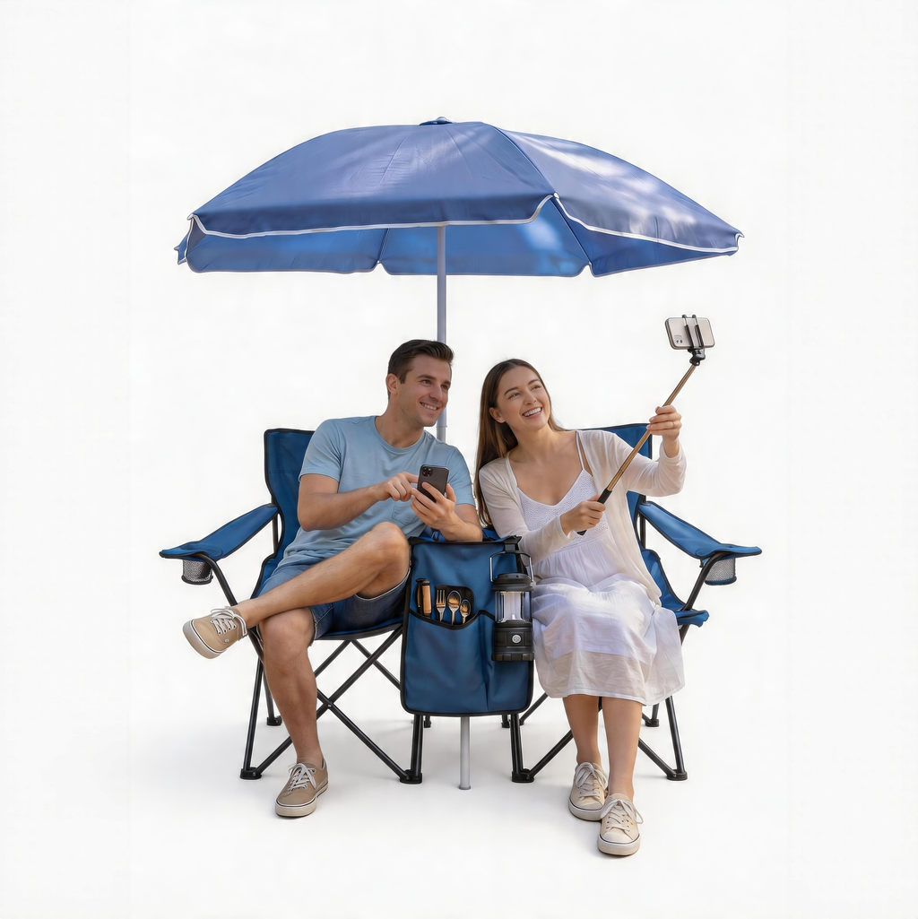 Portable Double Folding Beach Chair Set with Umbrella - Oxford Fabric