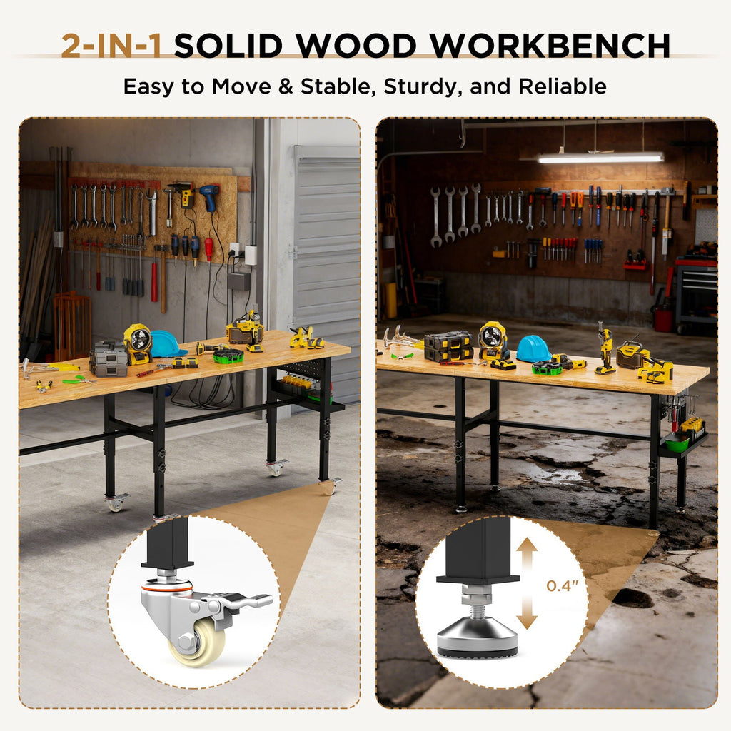 Adjustable Workbench with Pegboard and Power Outlet - Black