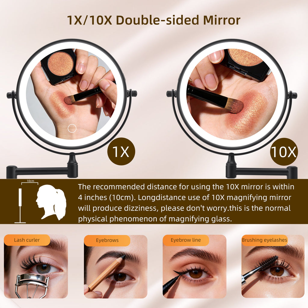 Rechargeable Wall Mounted Makeup Mirror with 10X Magnification - Iron