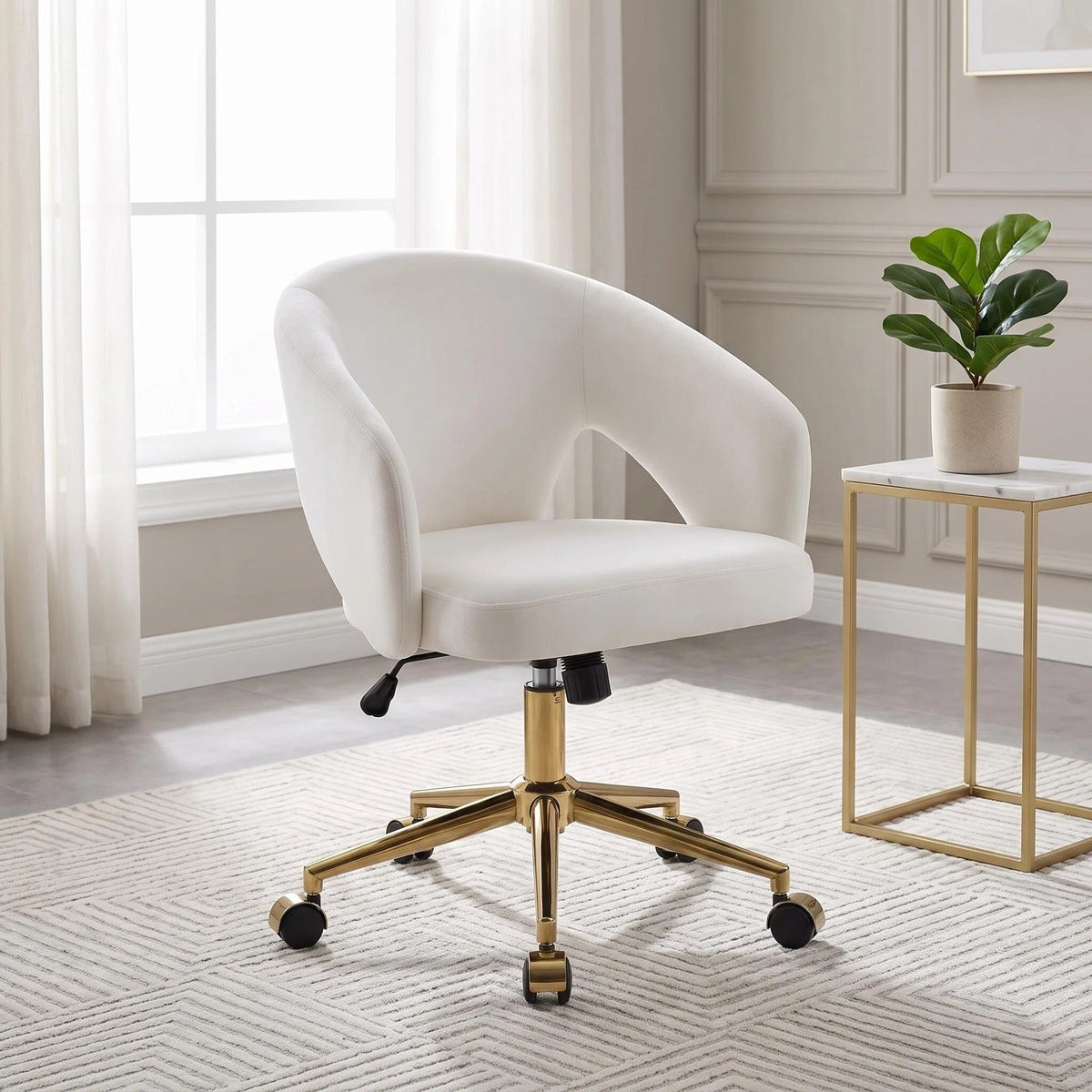 Adjustable White Office Chair with Ergonomic Support - Velvet Finish