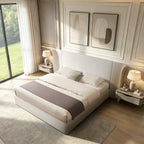 King Size Luxury Wing-Back Upholstered Bed Frame with Padded Headboard - Beige