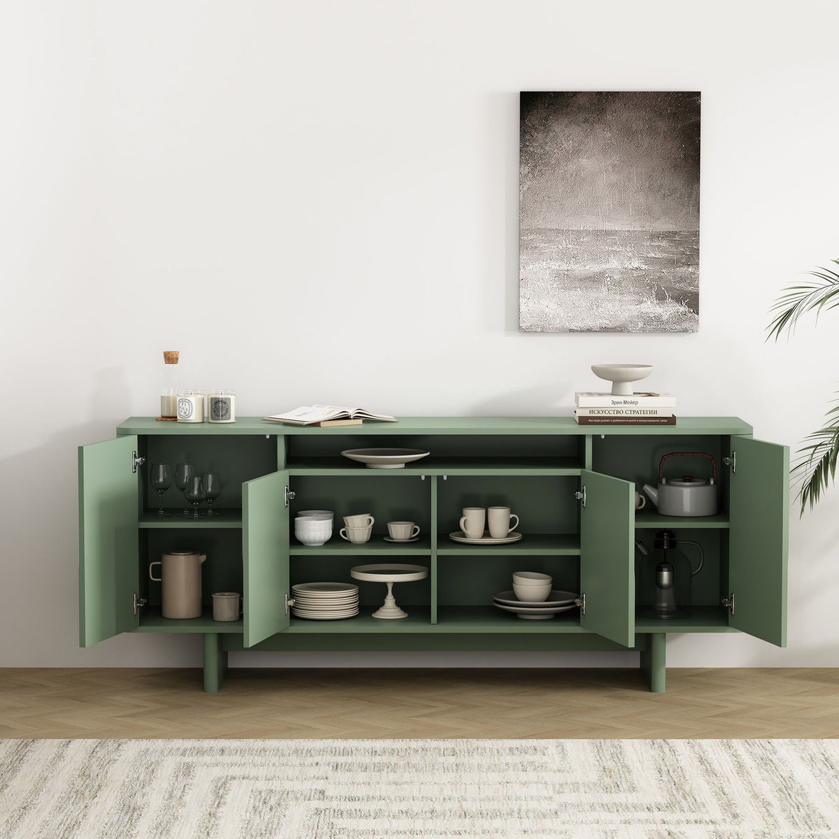 Sideboard With Adjustable Shelves and Soft Close Doors - White, Light Brown, Green