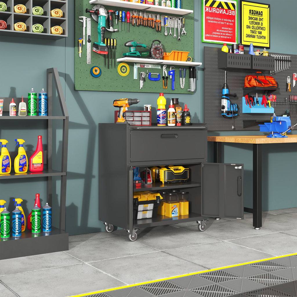Sturdy Metal Tool Cabinet with Drawer & Locking Doors - Mobile Garage Storage