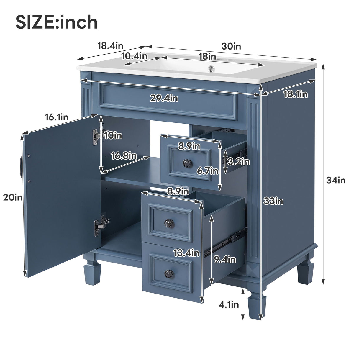 Bathroom Vanity with Ceramic Sink and Storage - White or Blue