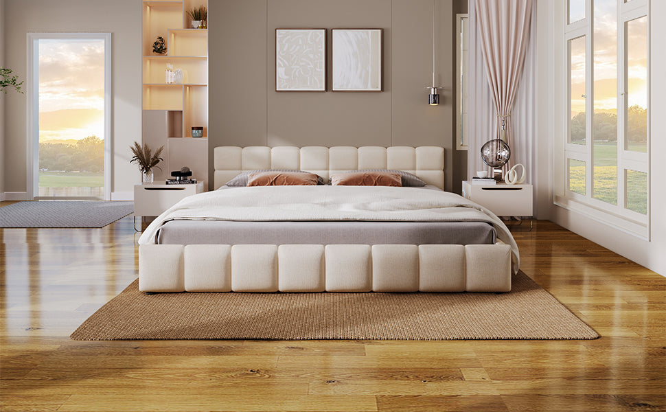 Elegant Chenille Upholstered Bed with Checkerboard Headboard - Beige