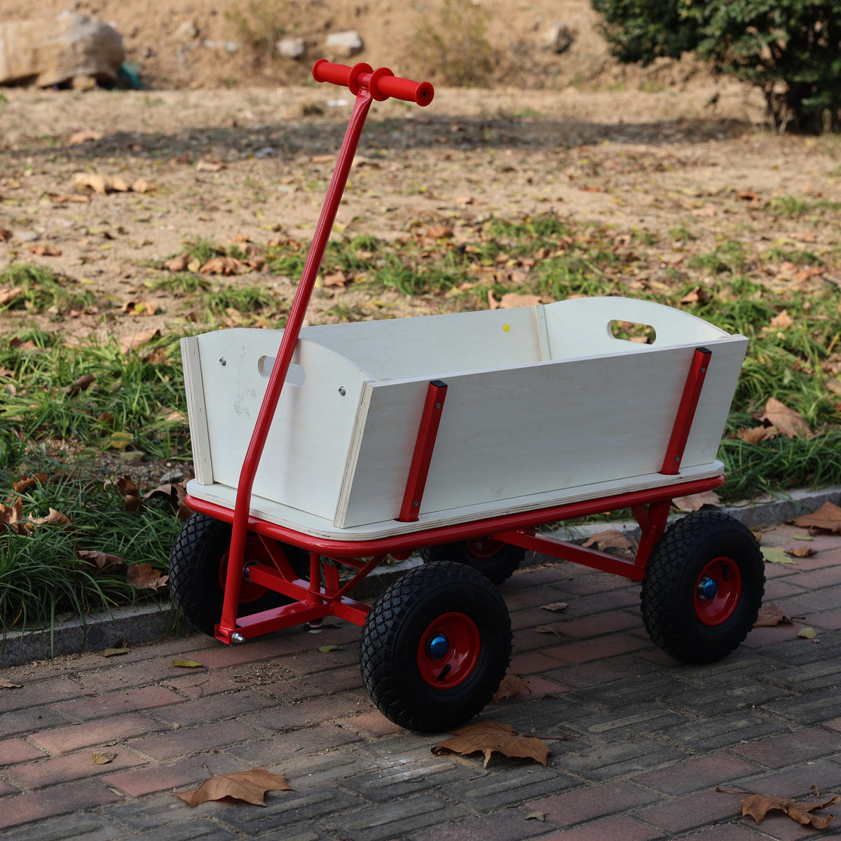 Wooden Carriage Outdoor Stroller with Four-Wheel Design - Natural Wood