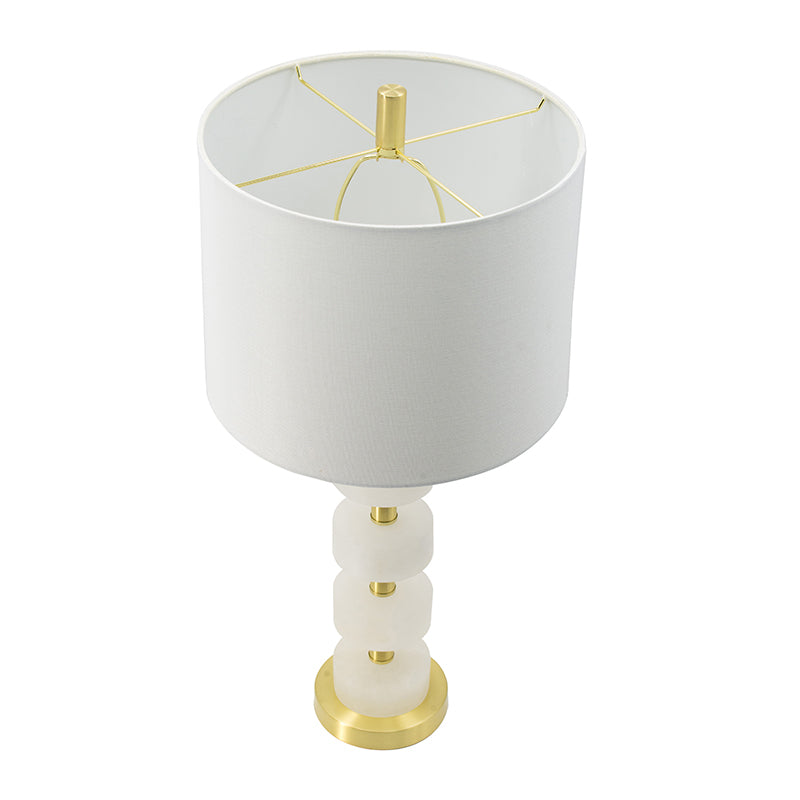 Marble Table Lamp with Brass Frame and White Fabric Shade - White + Gold