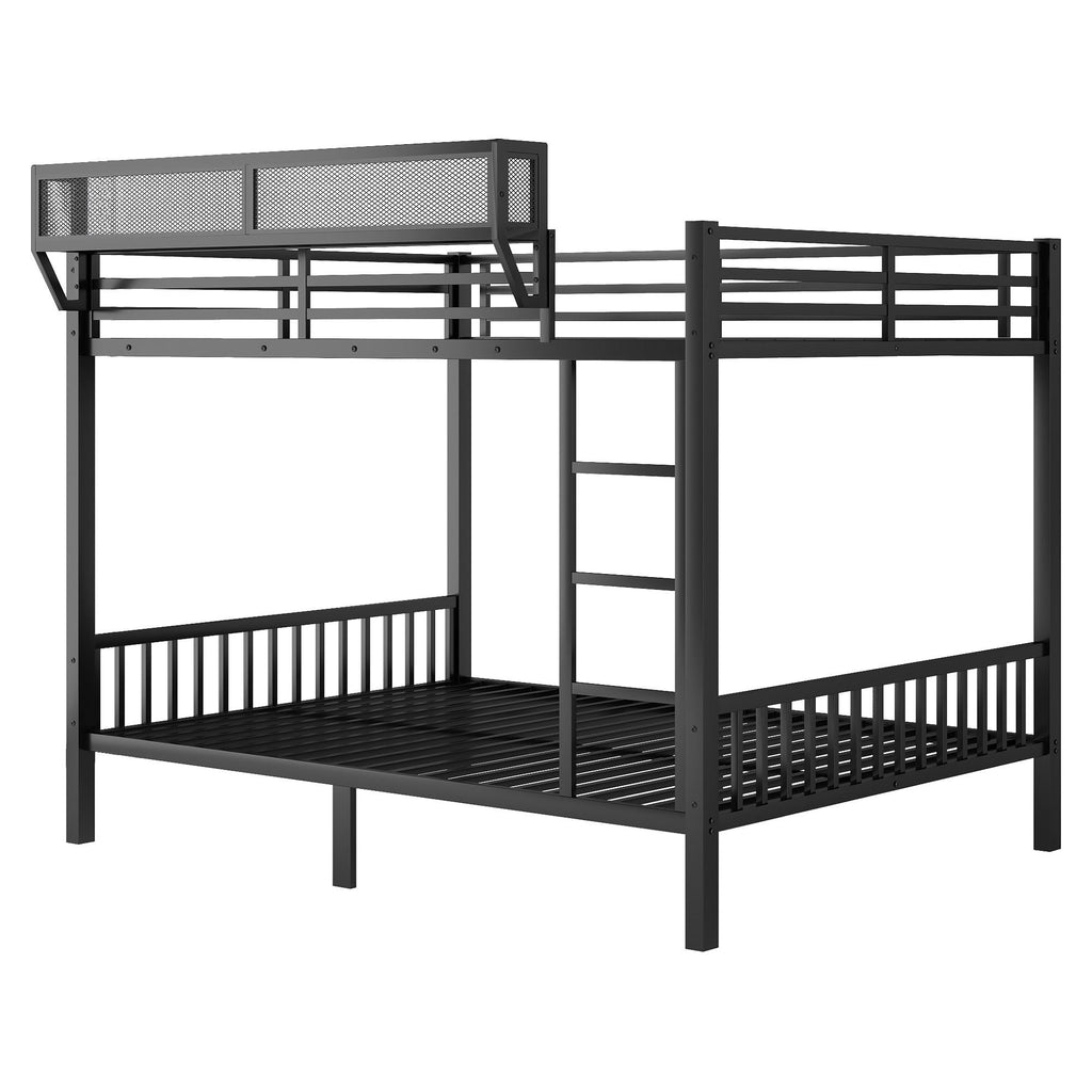 Queen Over Queen Bunk Bed with Storage Shelf and Ladder - Black