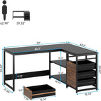L-Shaped Computer Desk with Drawers and Shelves - Black or Dark Brown
