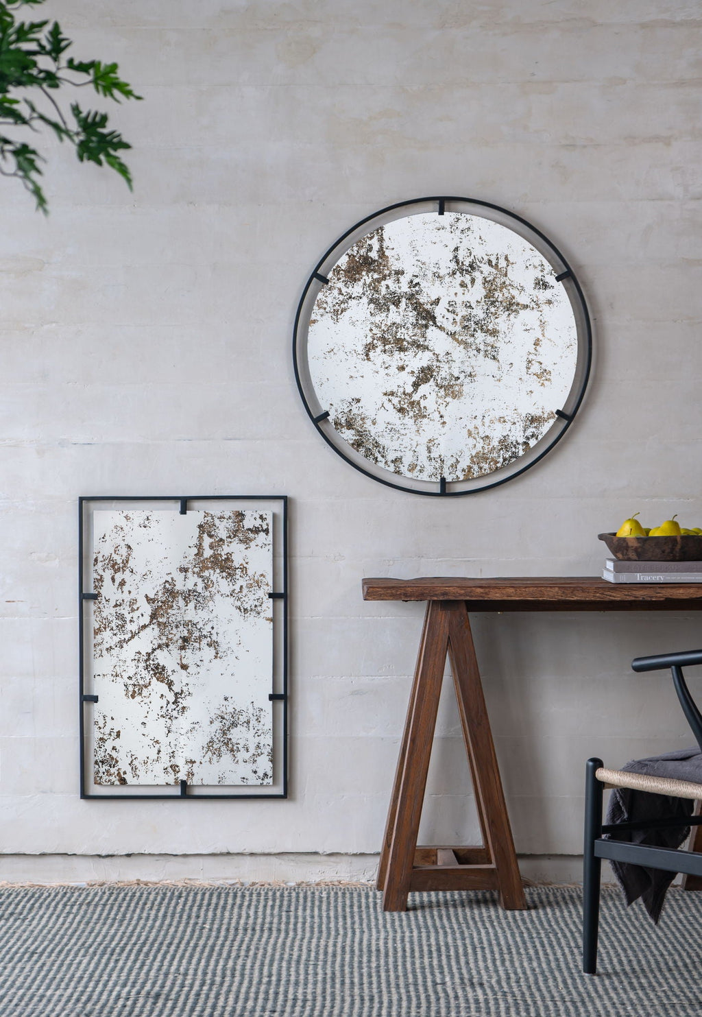 Round Industrial Wall Mirror with Metal Frame - Black
