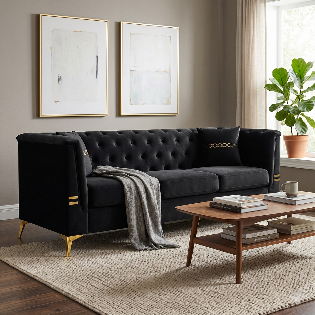 Contemporary Faux Sherpa Sofa with Gold Accents and 2 Pillows - White