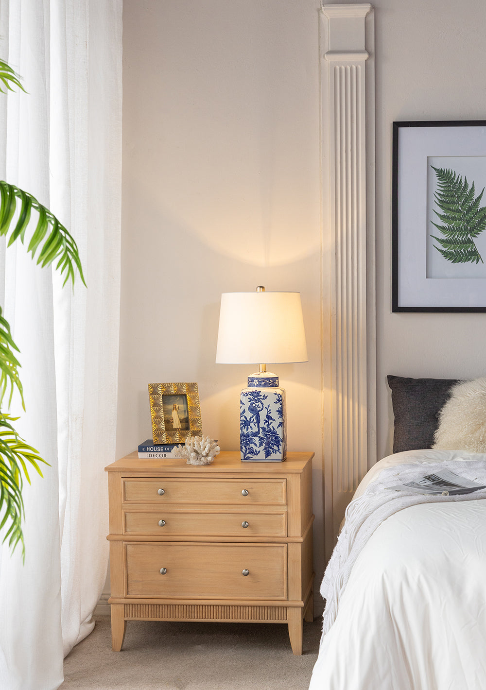 Blue and White Ceramic Vase Table Lamp with Linen Shade - White + Blue
