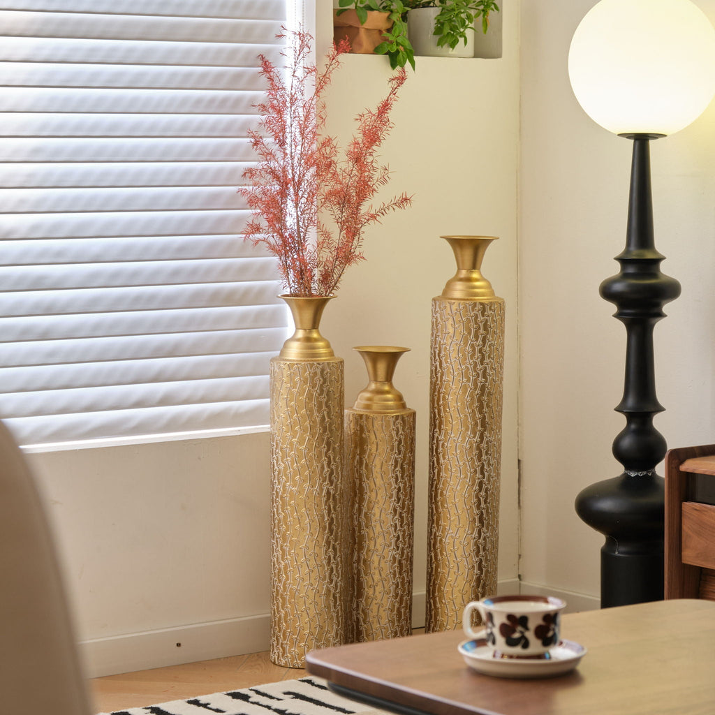 Gold Metal Floor Vases Set with Vine Pattern – Set of 3