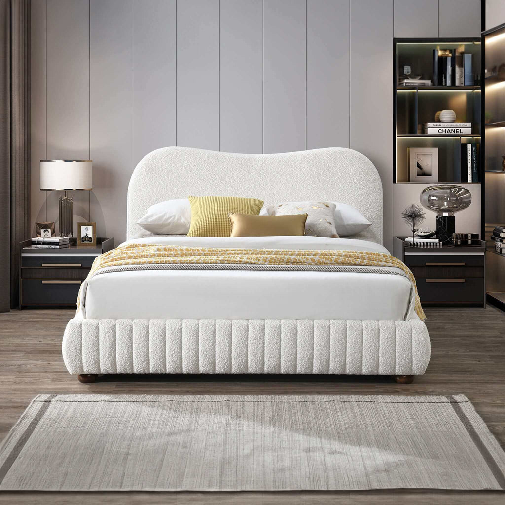 Queen Size Upholstered Low Profile Platform Bed with Boucle Fabric – Cream